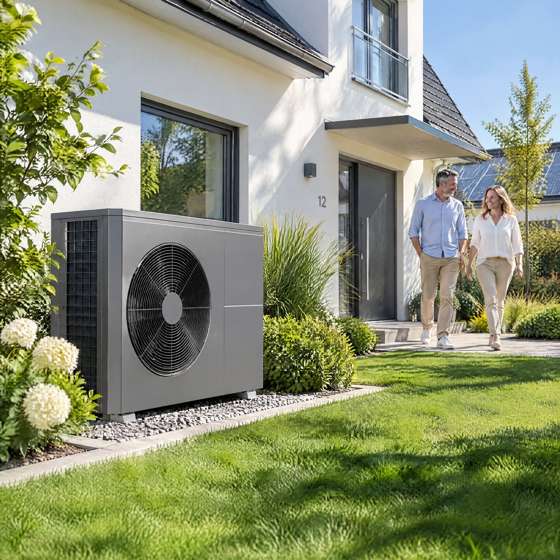 Wärmepumpe vor einem modernen Einfamilienhaus